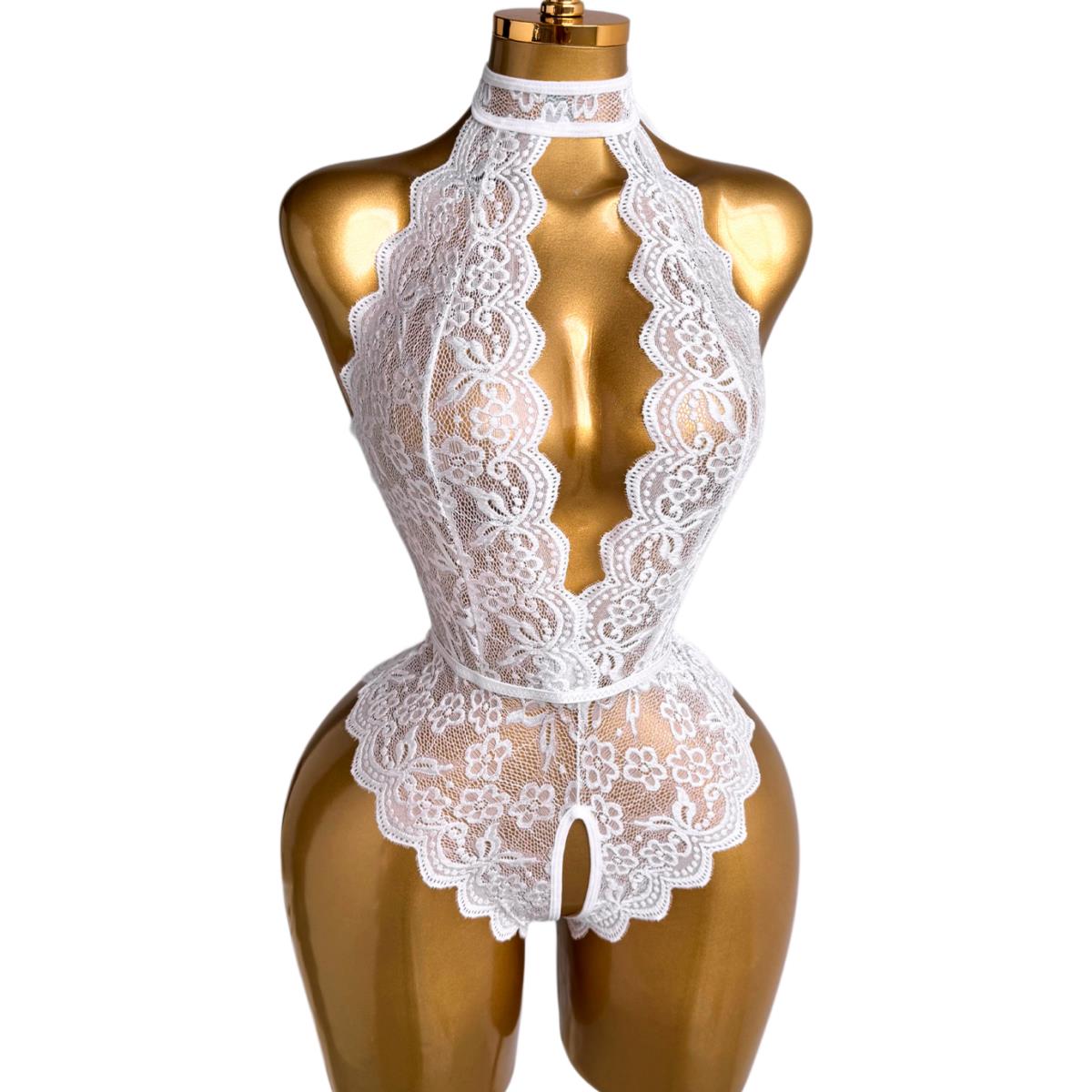Lace Teddy Lingerie - Witte halternek bloemenkant teddies lingerie dames