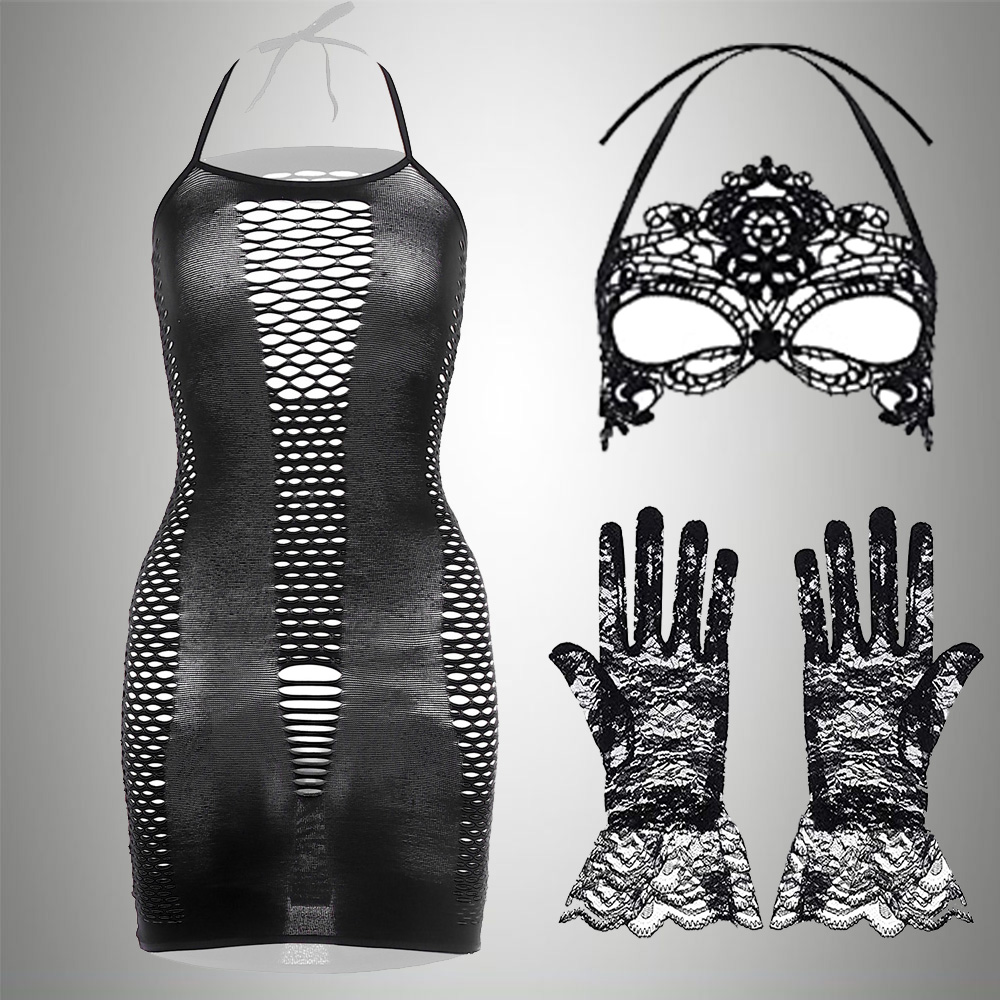 Bodystocking Fishnet - 3 In 1 Set Exotische Jurk