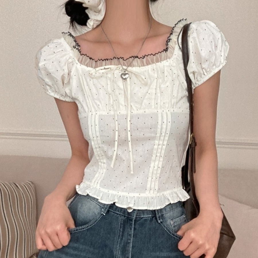Corset Waist Cinch - Zomerse zoete bubbelmouw polkadot top met