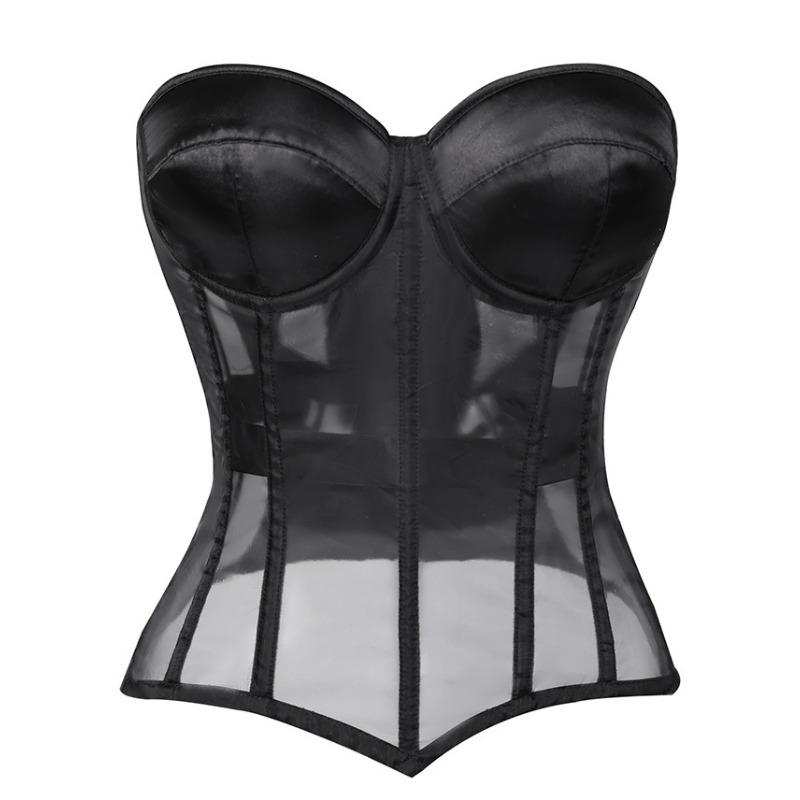 Corset Waist Cinch - Zwarte strapless mesh doorschijnende corset top